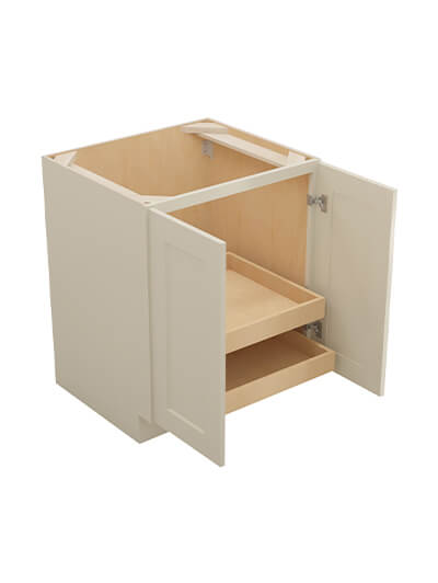 SA-B27FH2RS: Shaker Antique White 27″ Double Full Height Door Two Rollout Shelf Base Kit