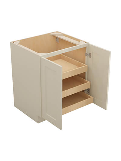 SA-B27FH3RS: Shaker Antique White 27″ Double Full Height Door Three Rollout Shelf Base Kit