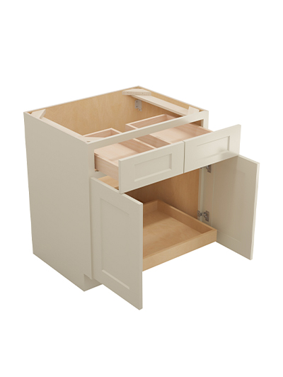 SA-B301RS: Shaker Antique White 30″ Double Door Double Drawer One Rollout Shelf Base Kit