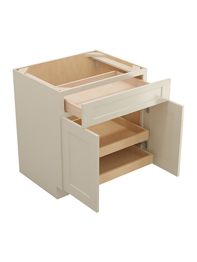 SA-B302RS: Shaker Antique White 30″ Double Door Double Drawer Two Rollout Shelf Base Kit
