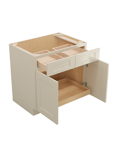 SA-B331RS: Shaker Antique White 33″ Double Door Double Drawer One Rollout Shelf Base Kit