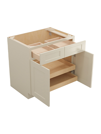 SA-B332RS: Shaker Antique White 33″ Double Door Double Drawer Two Rollout Shelf Base Kit
