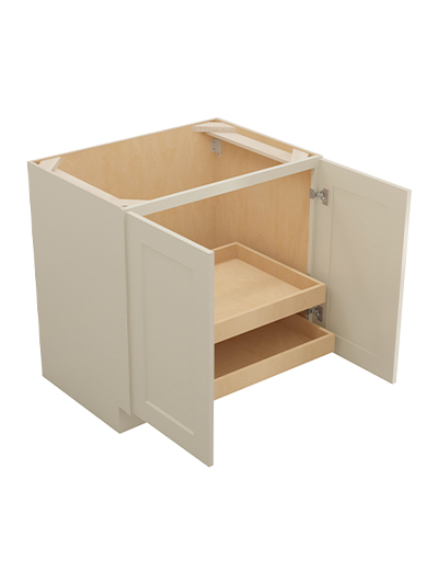 SA-B33FH2RS: Shaker Antique White 33″ Double Full Height Door Two Rollout Shelf Base Kit