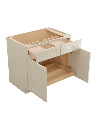 SA-B361RS: Shaker Antique White 36″ Double Door Double Drawer One Rollout Shelf Base Kit