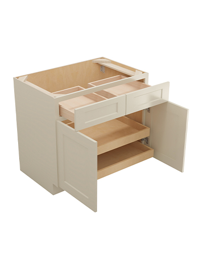 SA-B362RS: Shaker Antique White 36″ Double Door Double Drawer Two Rollout Shelf Base Kit