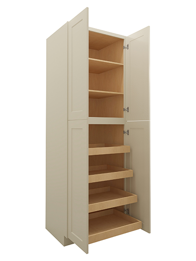 SA-U3090244RS: Shaker Antique White 30″ Four Door Utility, Four Rollout Shelf Cabinet 90″ H
