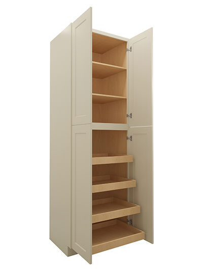 SA-U3096244RS: Shaker Antique White 30″ Four Door Utility, Four Rollout Shelf Cabinet 96″ H