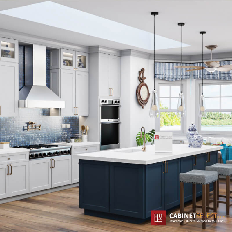Blue Coastal Kitchen With Two Tone Cabinets