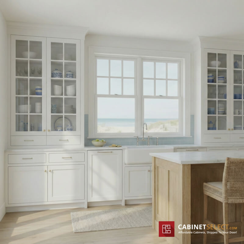 Coastal Kitchen Featuring Glass Front Cabinets