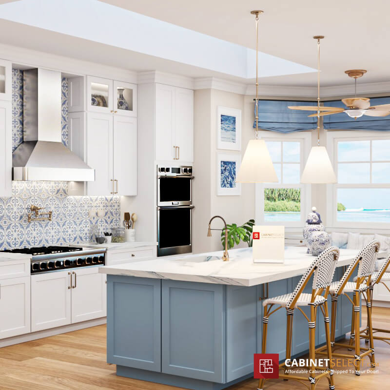 Coastal Kitchen With Woven Light Fixtures