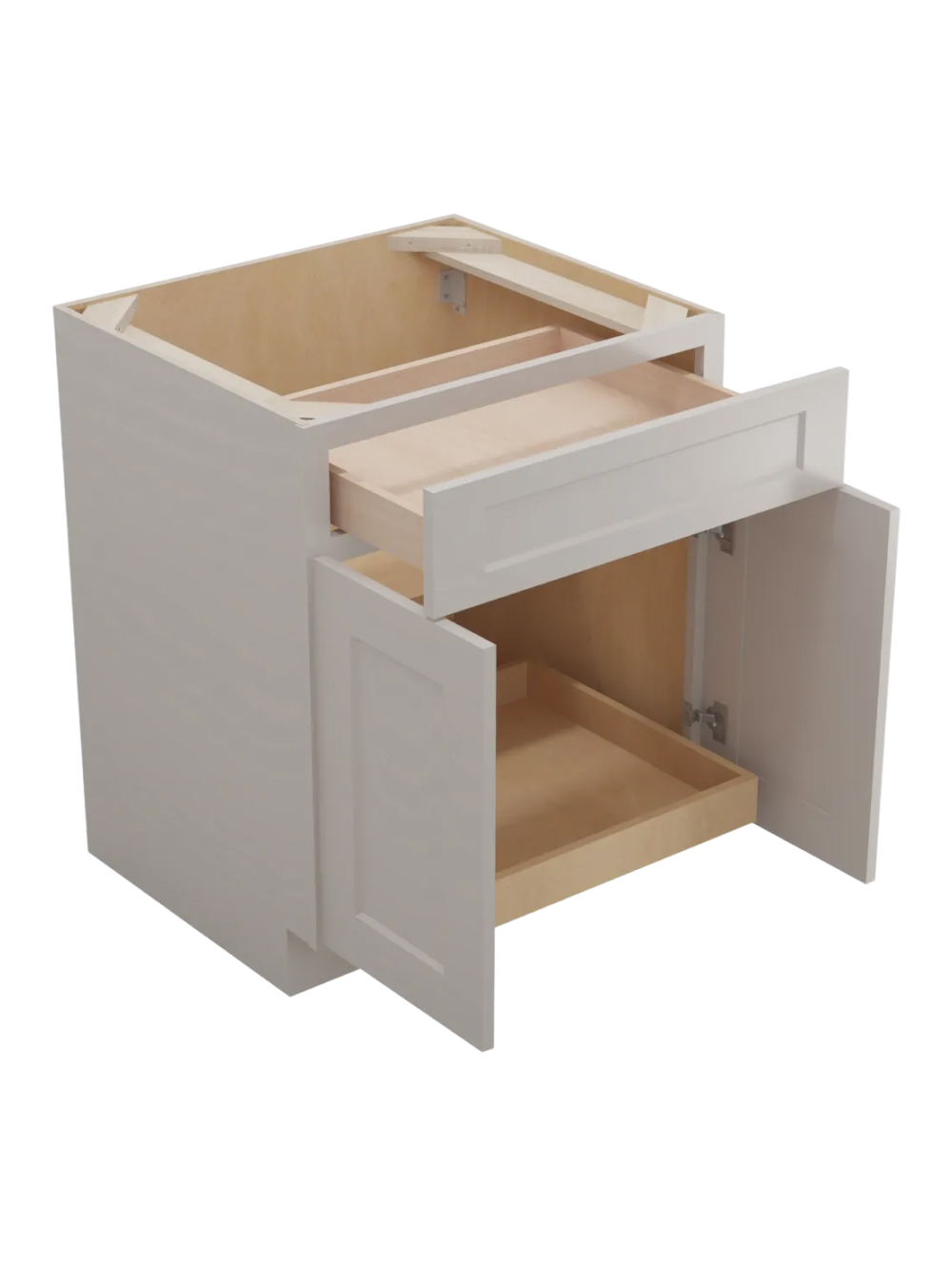 SD-B271RS: Shaker Dove 27″ Double Door Single Drawer One Rollout Shelf Base Kit
