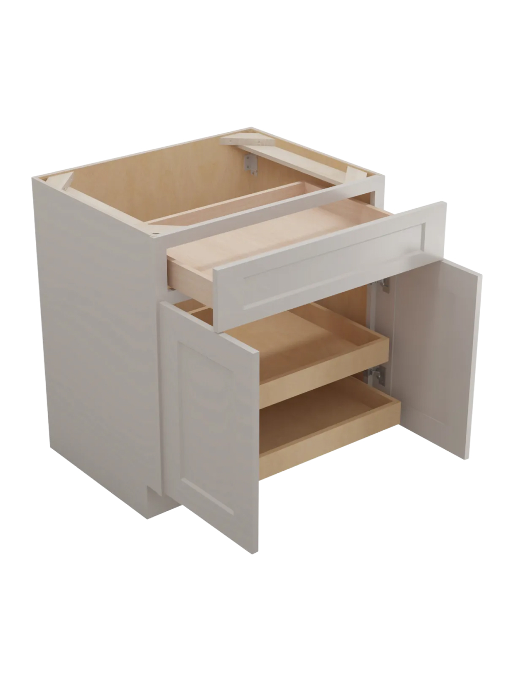 SD-B302RS: Shaker Dove 30″ Double Door Double Drawer Two Rollout Shelf Base Kit