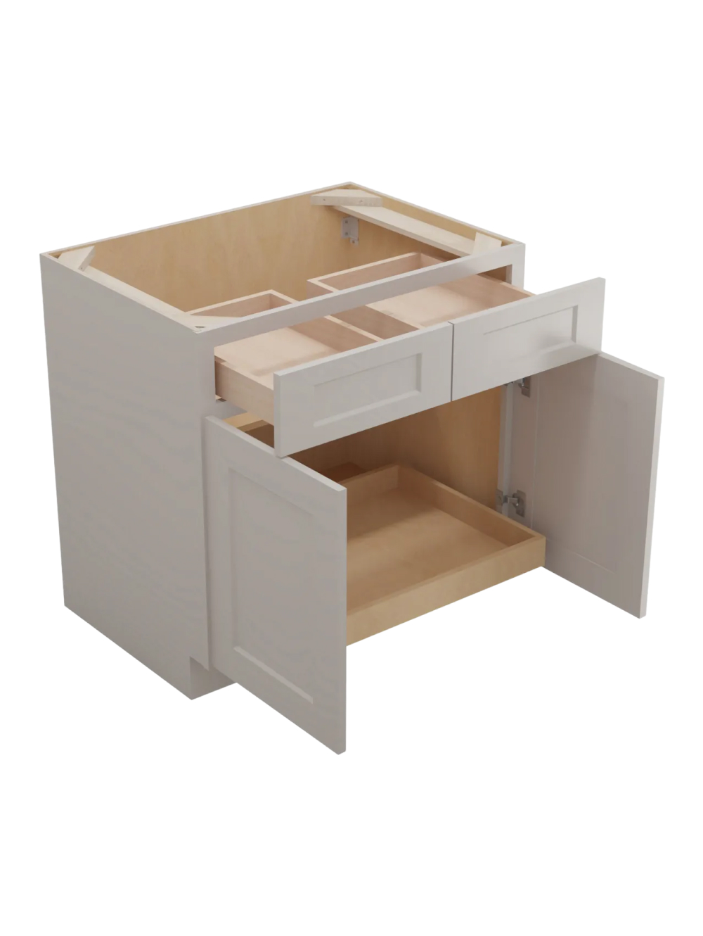 SD-B331RS: Shaker Dove 33″ Double Door Double Drawer One Rollout Shelf Base Kit