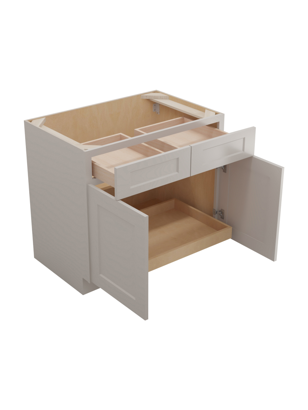 SD-B361RS: Shaker Dove 36″ Double Door Double Drawer One Rollout Shelf Base Kit