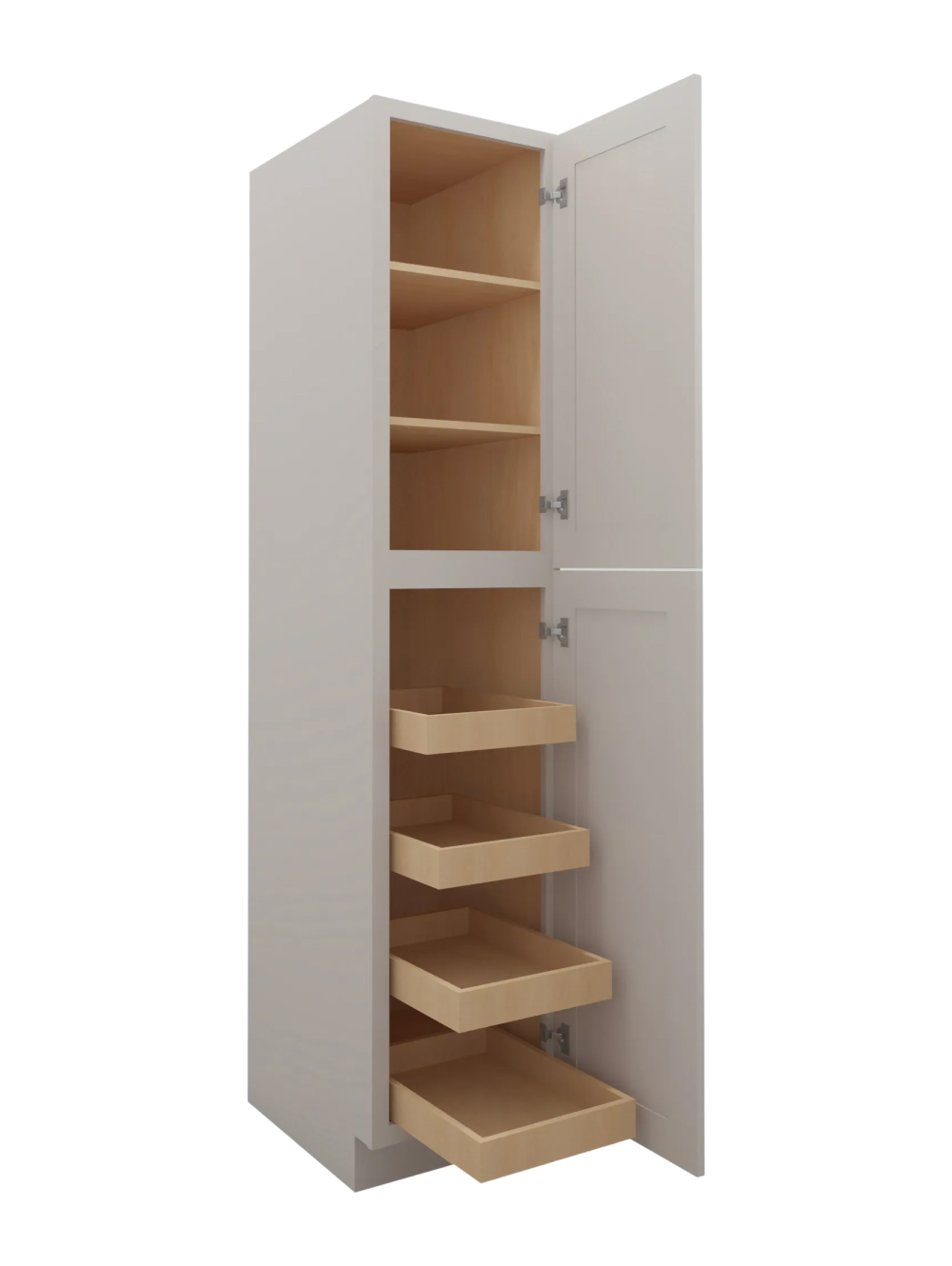 SD-U1884244RS: Shaker Dove Tall Cabinets – 18″ Two Door Utility, Four Rollout Shelf Cabinet 84″ H