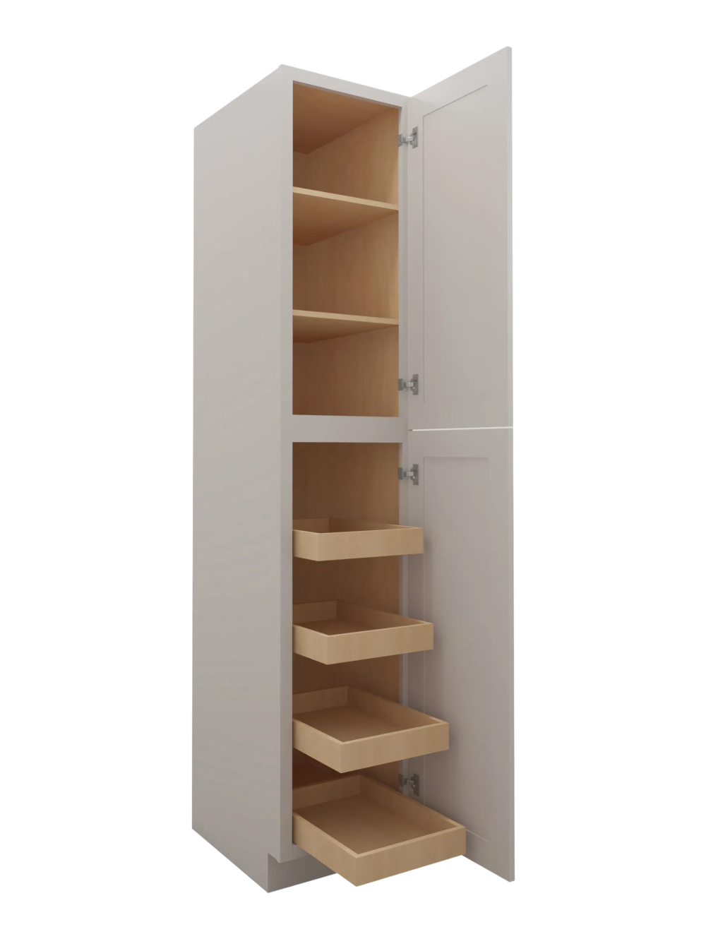 SD-U1890244RS: Shaker Dove 18″ Two Door Utility, Four Rollout Shelf Cabinet 90″ H