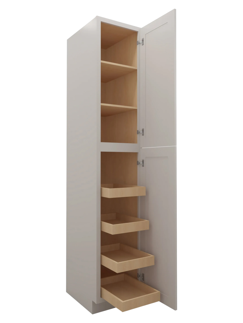 SD-U1896244RS: Shaker Dove 18″ Two Door Utility, Four Rollout Shelf Cabinet 96″ H