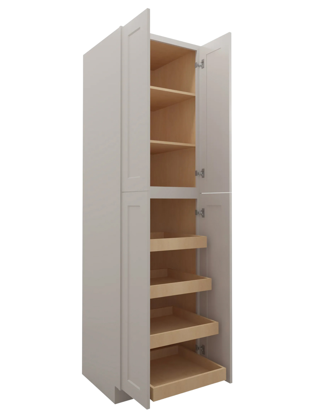 SD-U2490244RS: Shaker Dove 24″ Four Door Utility, Four Rollout Shelf Cabinet 90″ H