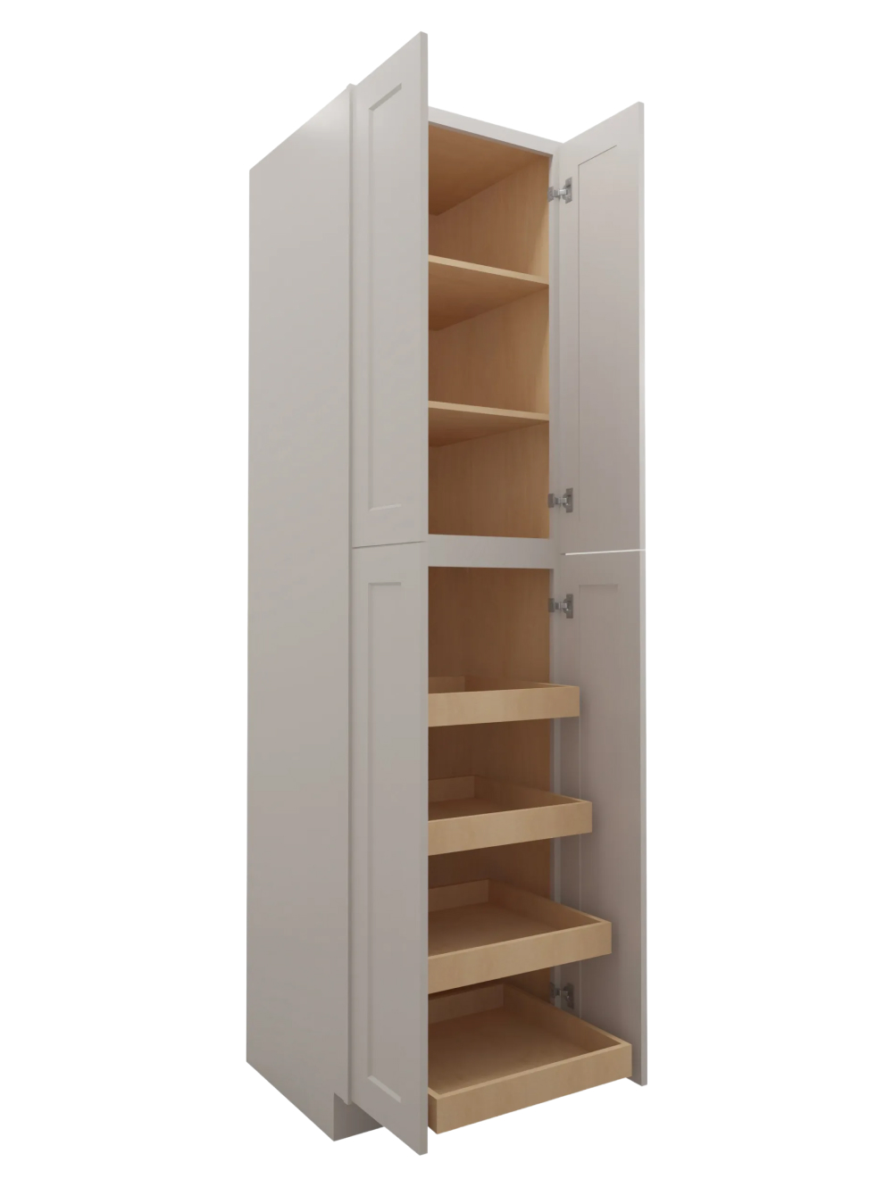 SD-U2496244RS: Shaker Dove 24″ Four Door Utility, Four Rollout Shelf Cabinet 96″ H
