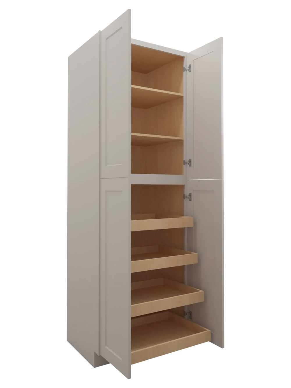 SD-U3090244RS: Shaker Dove 30″ Four Door Utility, Four Rollout Shelf Cabinet 90″ H