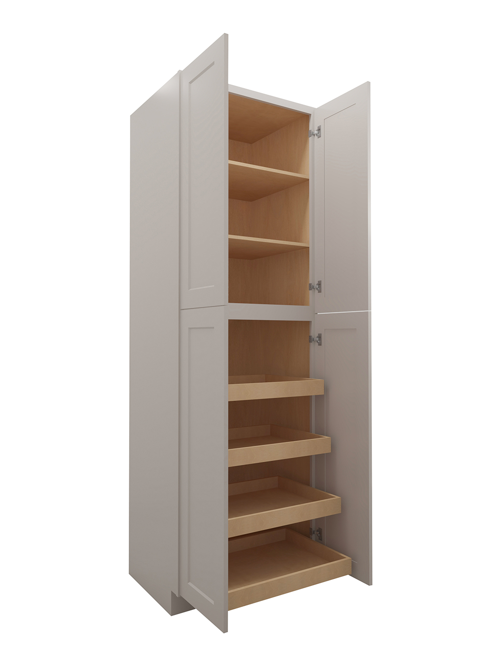 SD-U3096244RS: Shaker Dove 30″ Four Door Utility, Four Rollout Shelf Cabinet 96″ H