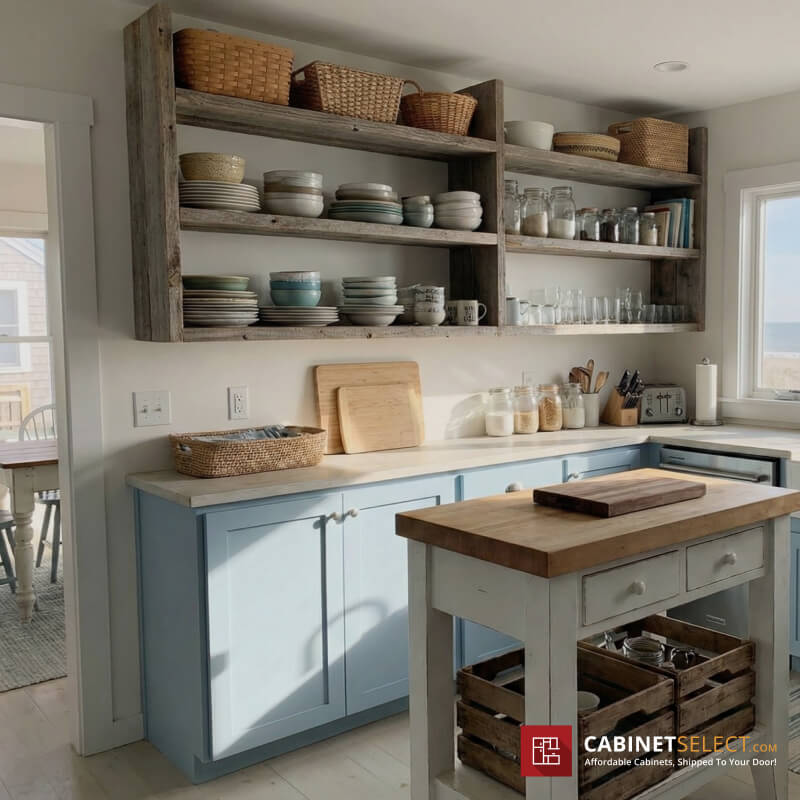 Small Coastal Kitchen With Open Shelving