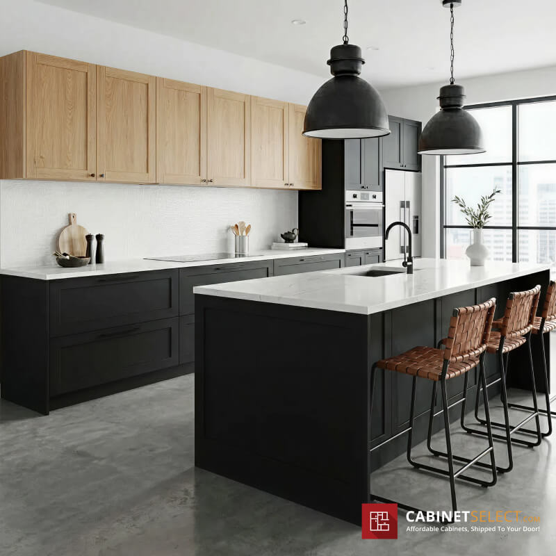 Black Lowers + Light Oak Uppers Cabinets