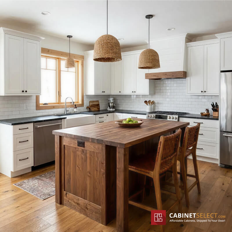 White Perimeter + Warm Wood Island Cabinets