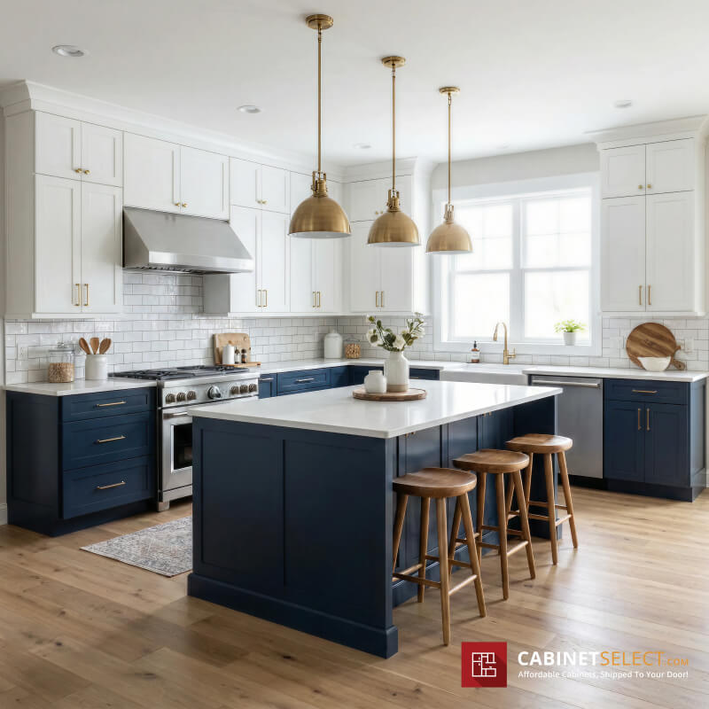 White Uppers + Navy Island Cabinets