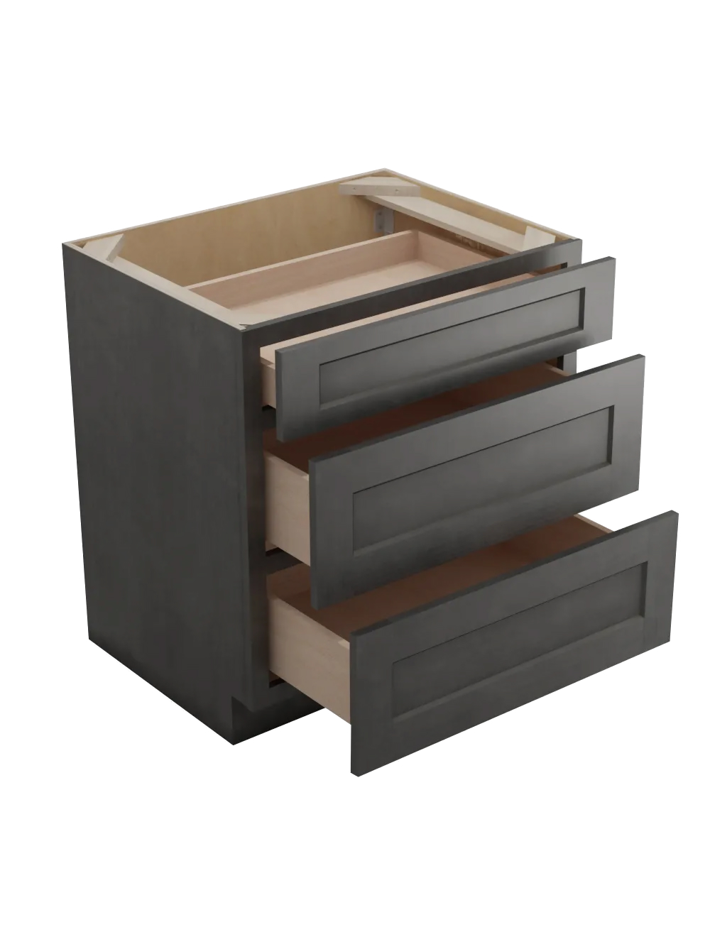 SCN-3DB30: Shaker Cinder 30″ Three Drawer Base Cabinet