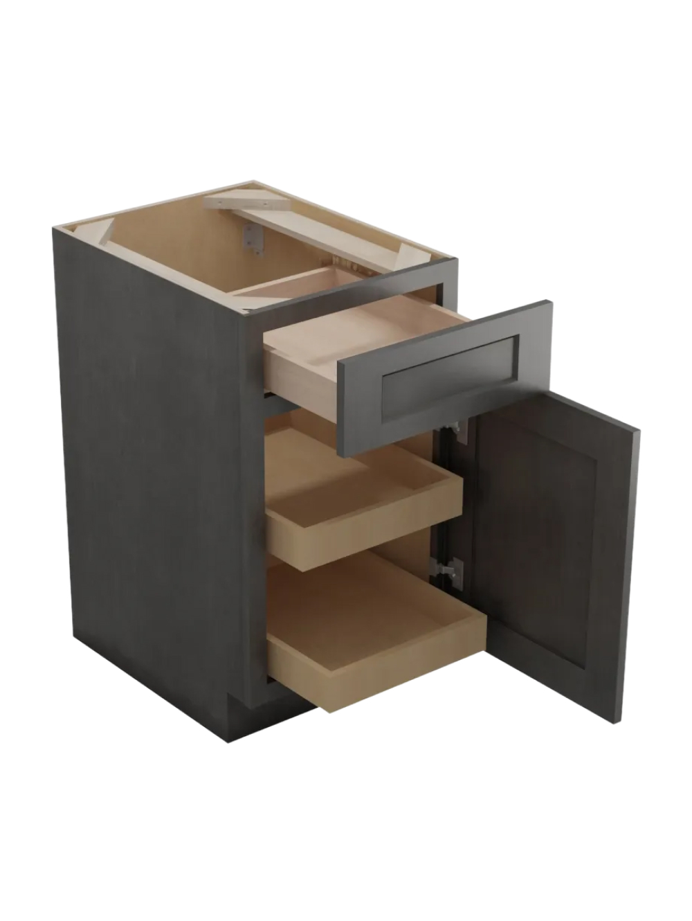 SCN-B182RS: Shaker Cinder 18″ Single Door Single Drawer Two Rollout Shelf Base Kit