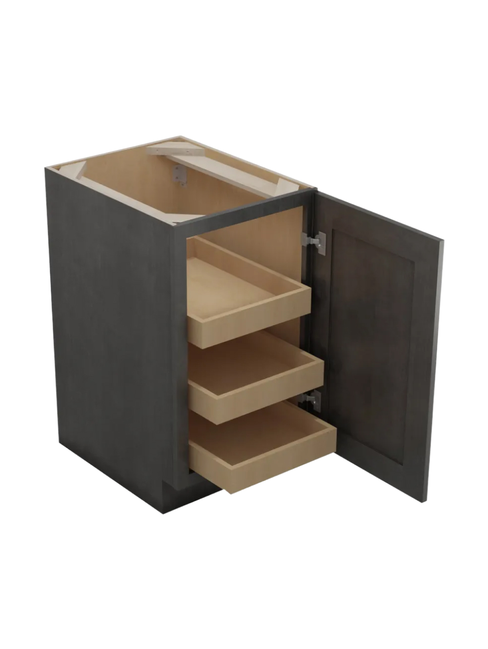 SCN-B18FH3RS: Shaker Cinder 18″ Single Full Height Door Three Rollout Shelf Base Kit