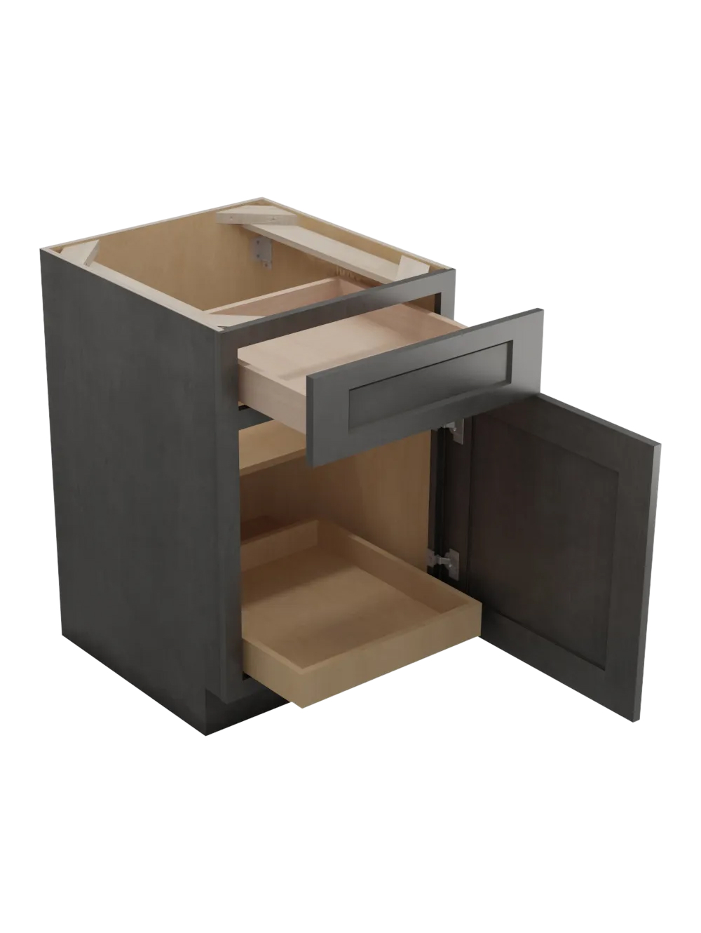 SCN-B211RS: Shaker Cinder 21″ Single Door Single Drawer One Rollout Shelf Base Kit