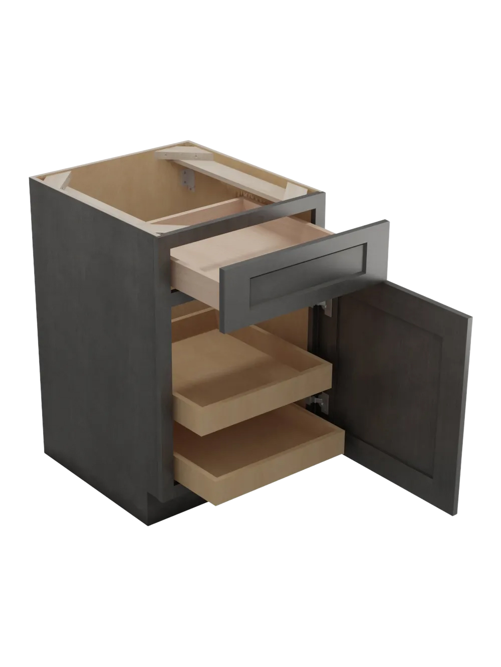 SCN-B212RS: Shaker Cinder 21″ Single Door Single Drawer Two Rollout Shelf Base Kit