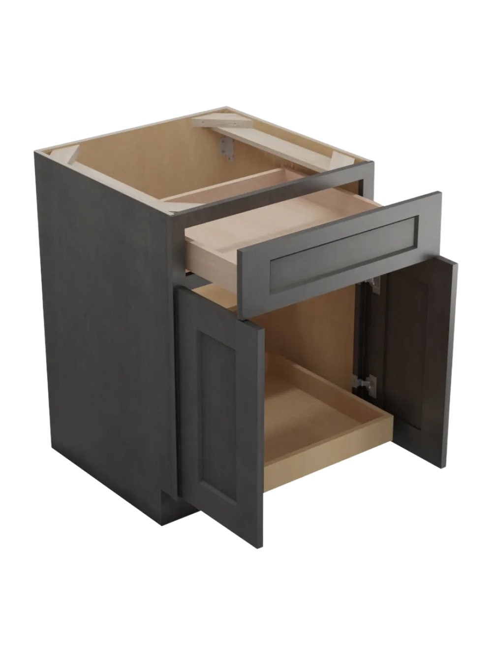 SCN-B241RS: Shaker Cinder 24″ Double Door Single Drawer One Rollout Shelf Base Kit