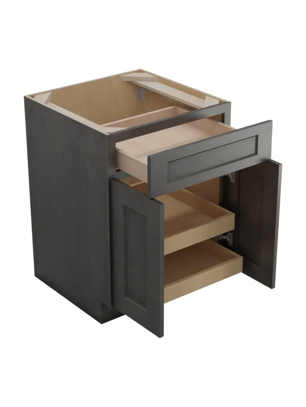 SCN-B242RS: Shaker Cinder 24″ Double Door Single Drawer Two Rollout Shelf Base Kit