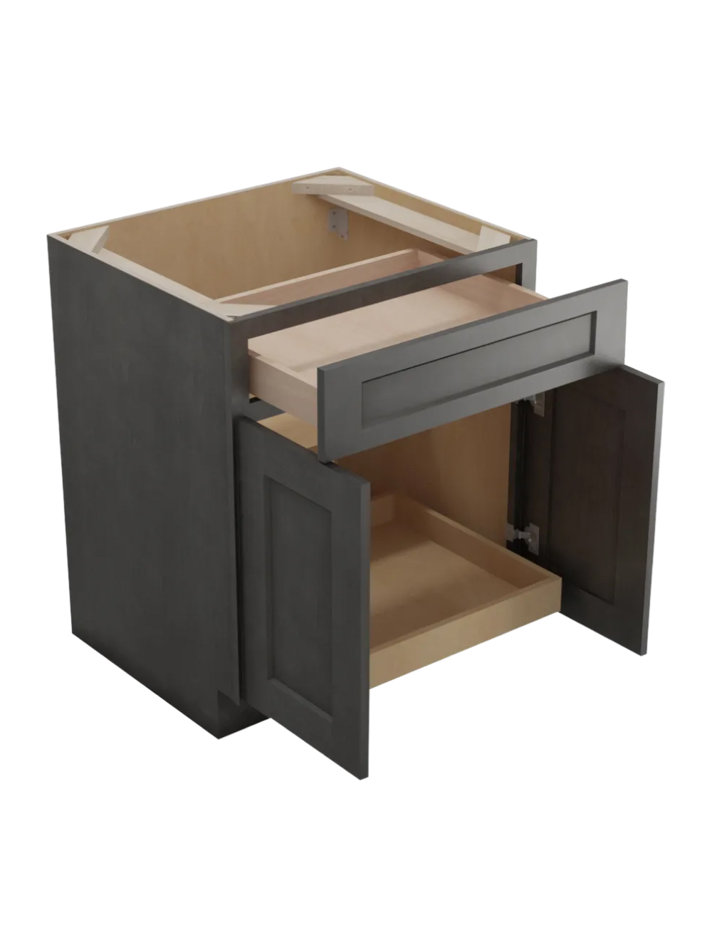 SCN-B271RS: Shaker Cinder 27″ Double Door Single Drawer One Rollout Shelf Base Kit