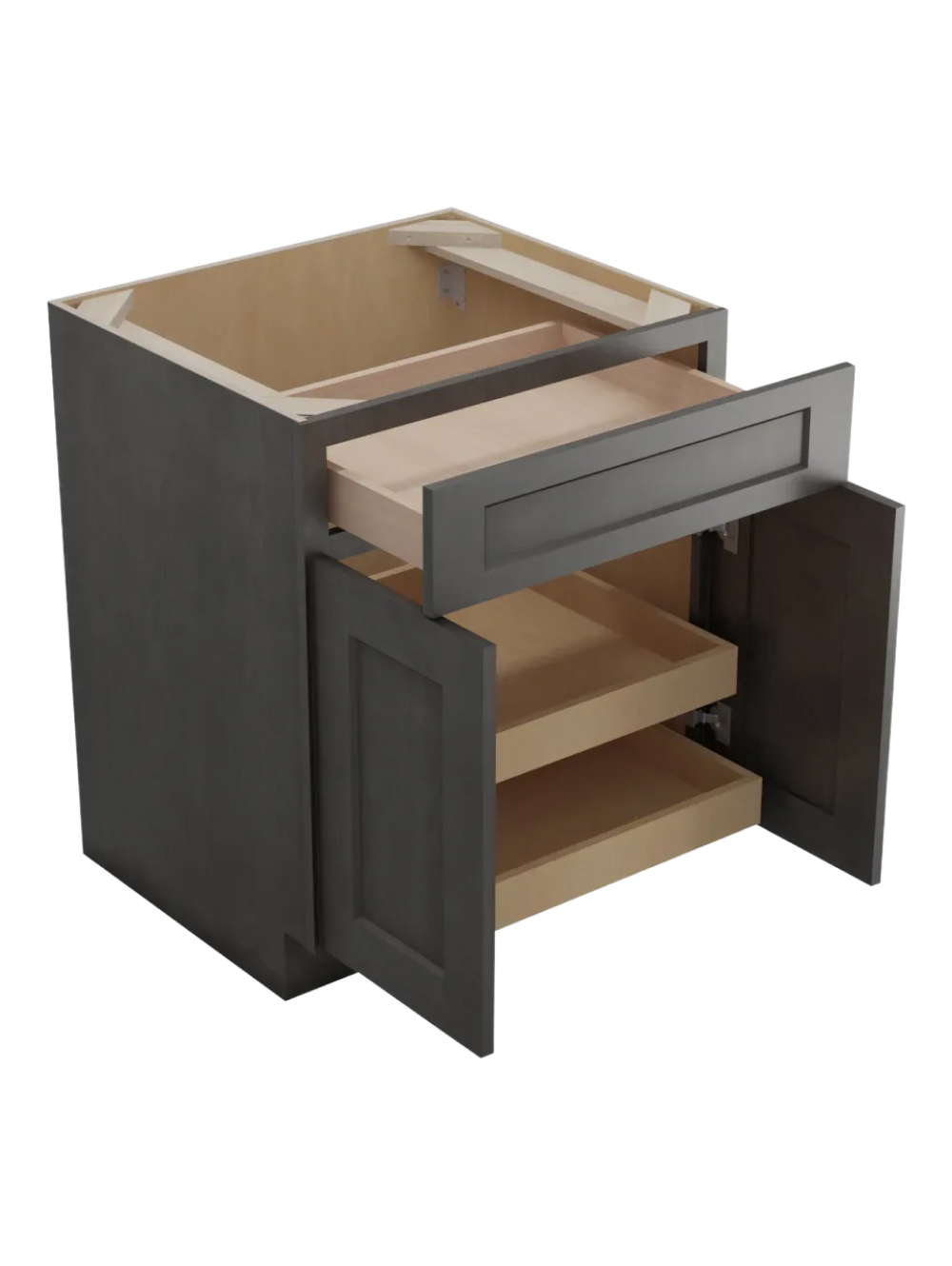 SCN-B272RS: Shaker Cinder 27″ Double Door Single Drawer Two Rollout Shelf Base Kit