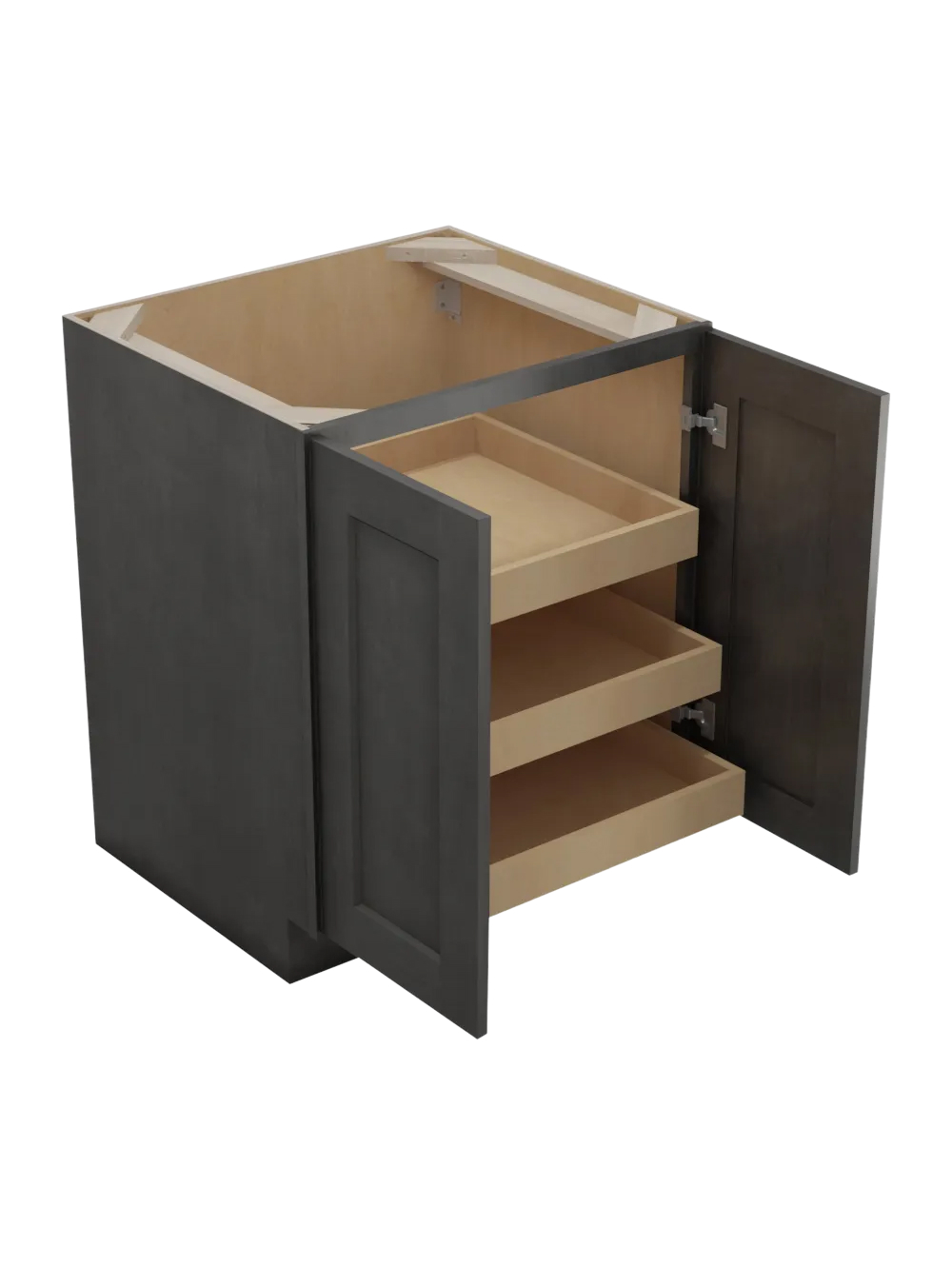 SCN-B27FH3RS: Shaker Cinder 27″ Double Full Height Door Three Rollout Shelf Base Kit