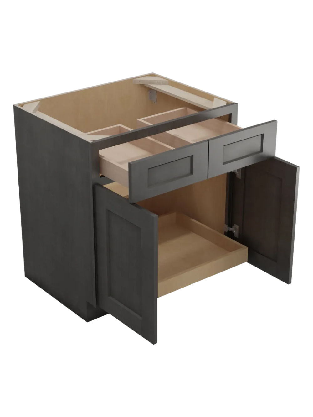 SCN-B301RS: Shaker Cinder 30″ Double Door Double Drawer One Rollout Shelf Base Kit