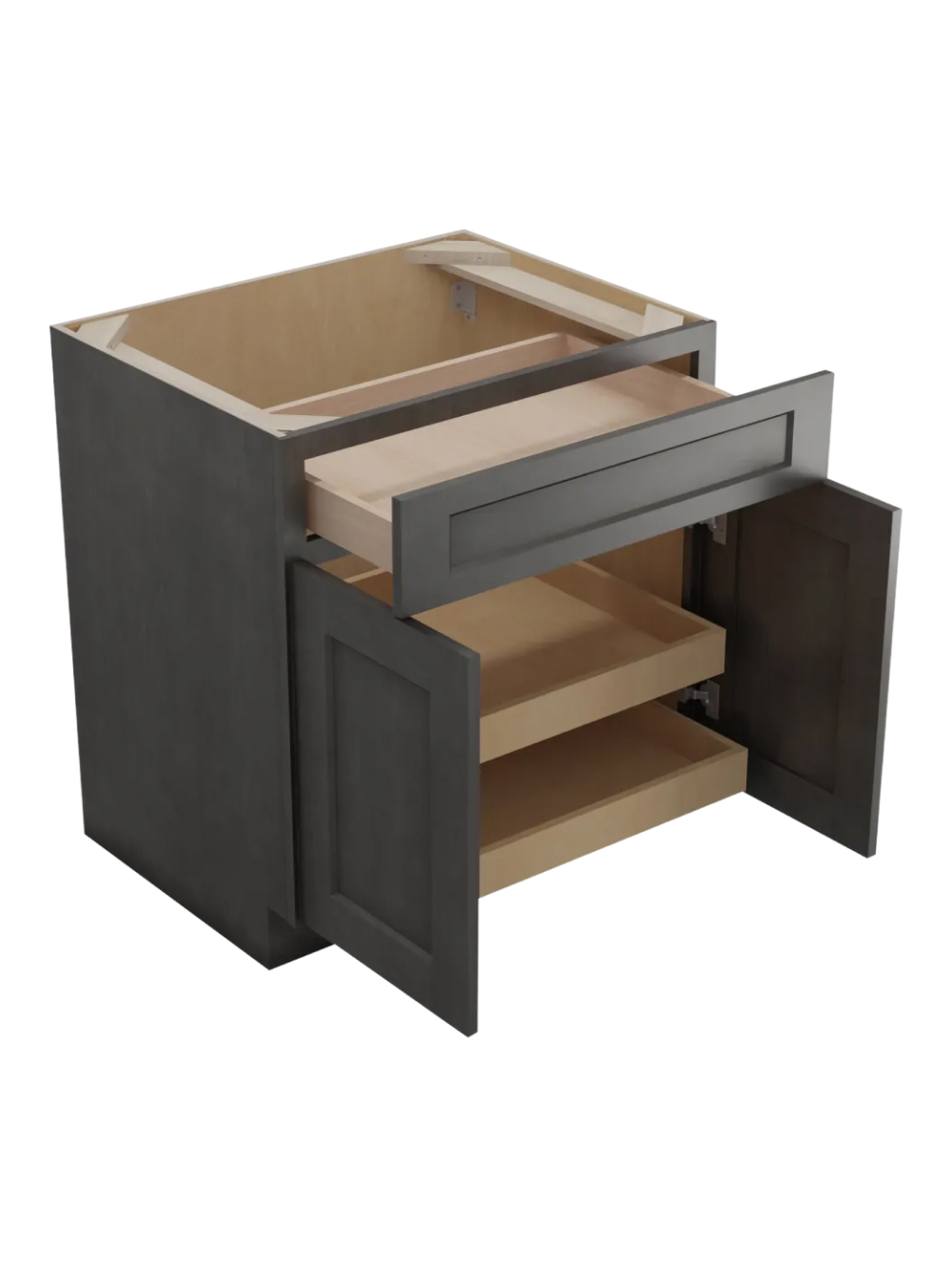 SCN-B302RS: Shaker Cinder 30″ Double Door Double Drawer Two Rollout Shelf Base Kit