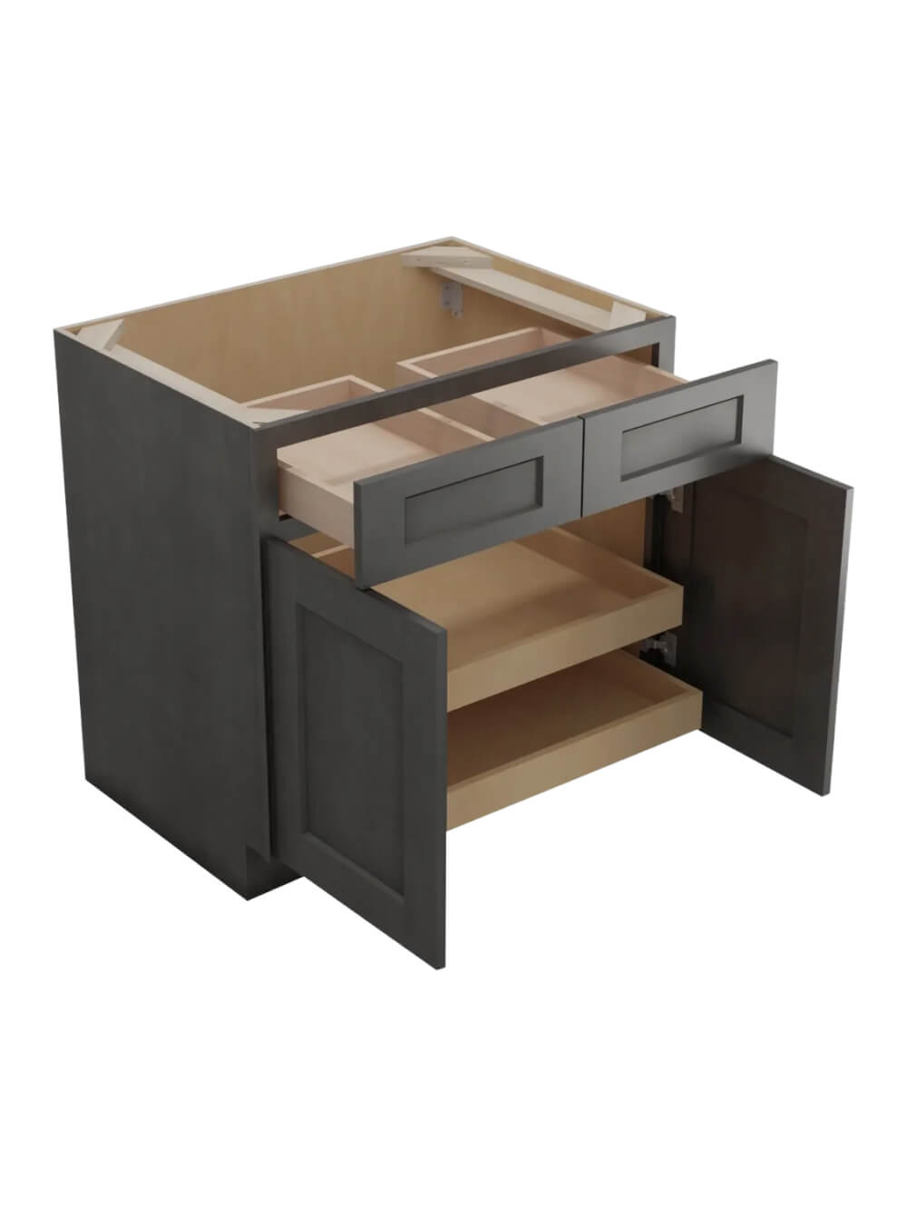 SCN-B332RS: Shaker Cinder 33″ Double Door Double Drawer Two Rollout Shelf Base Kit