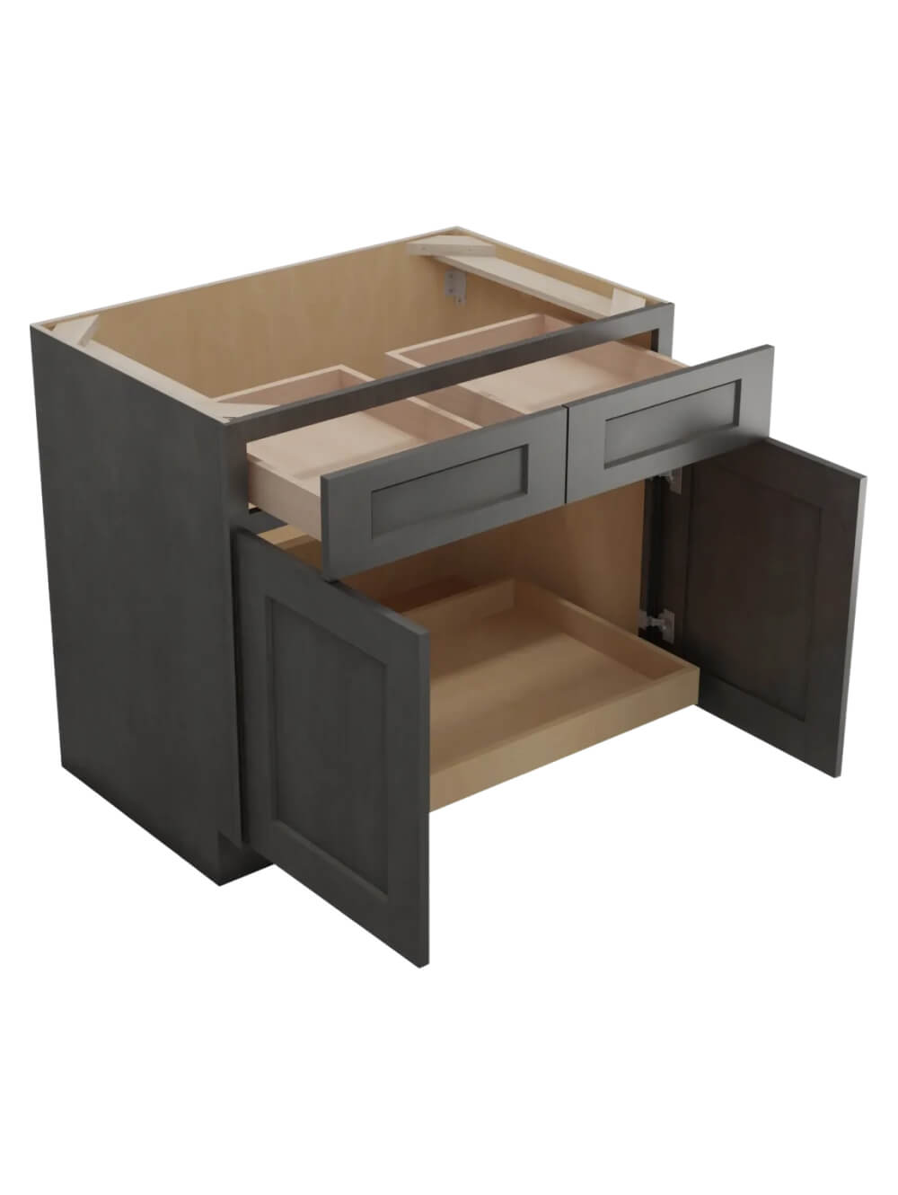 SCN-B361RS: Shaker Cinder 36″ Double Door Double Drawer One Rollout Shelf Base Kit