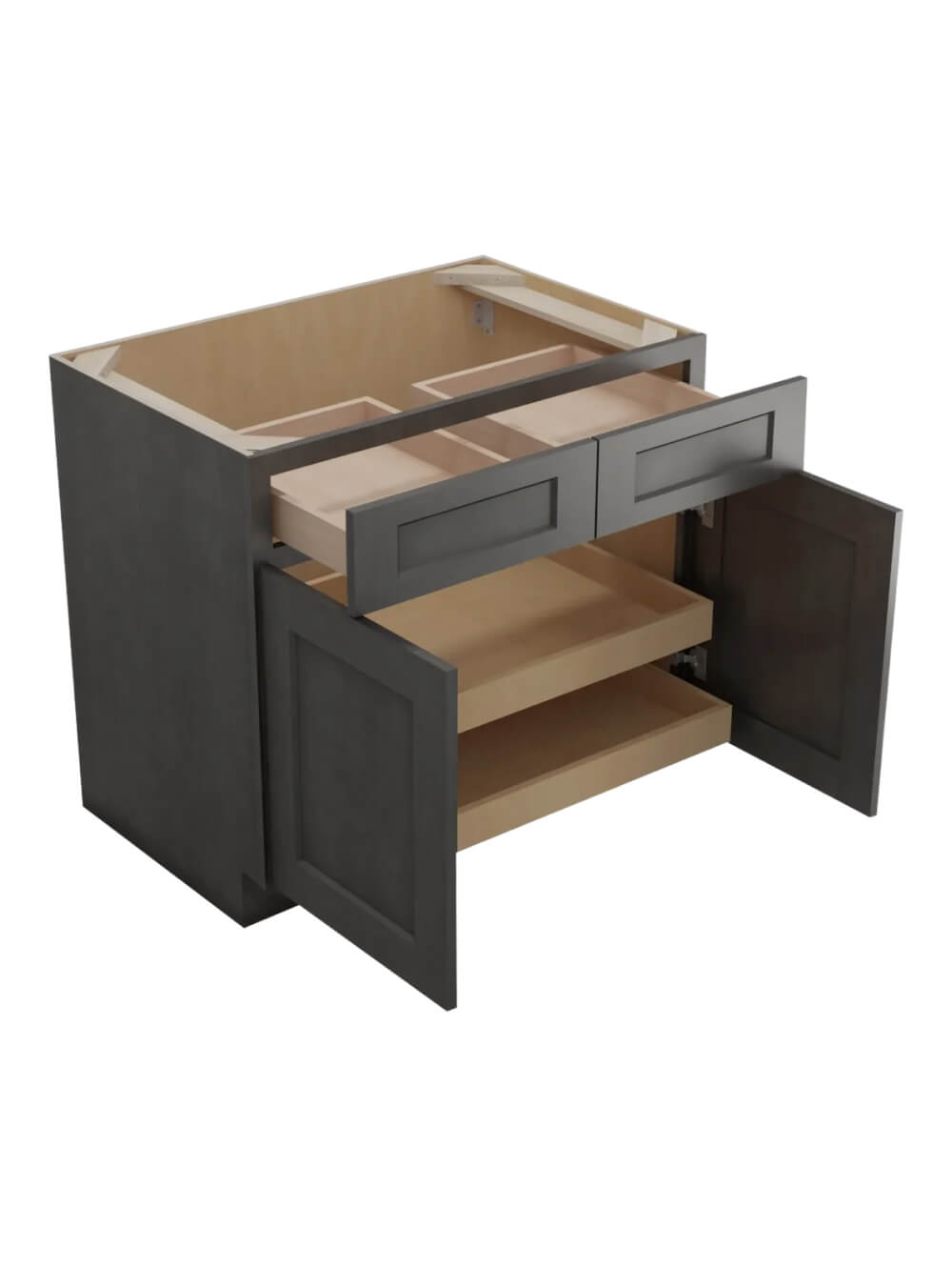 SCN-B362RS: Shaker Cinder 36″ Double Door Double Drawer Two Rollout Shelf Base Kit