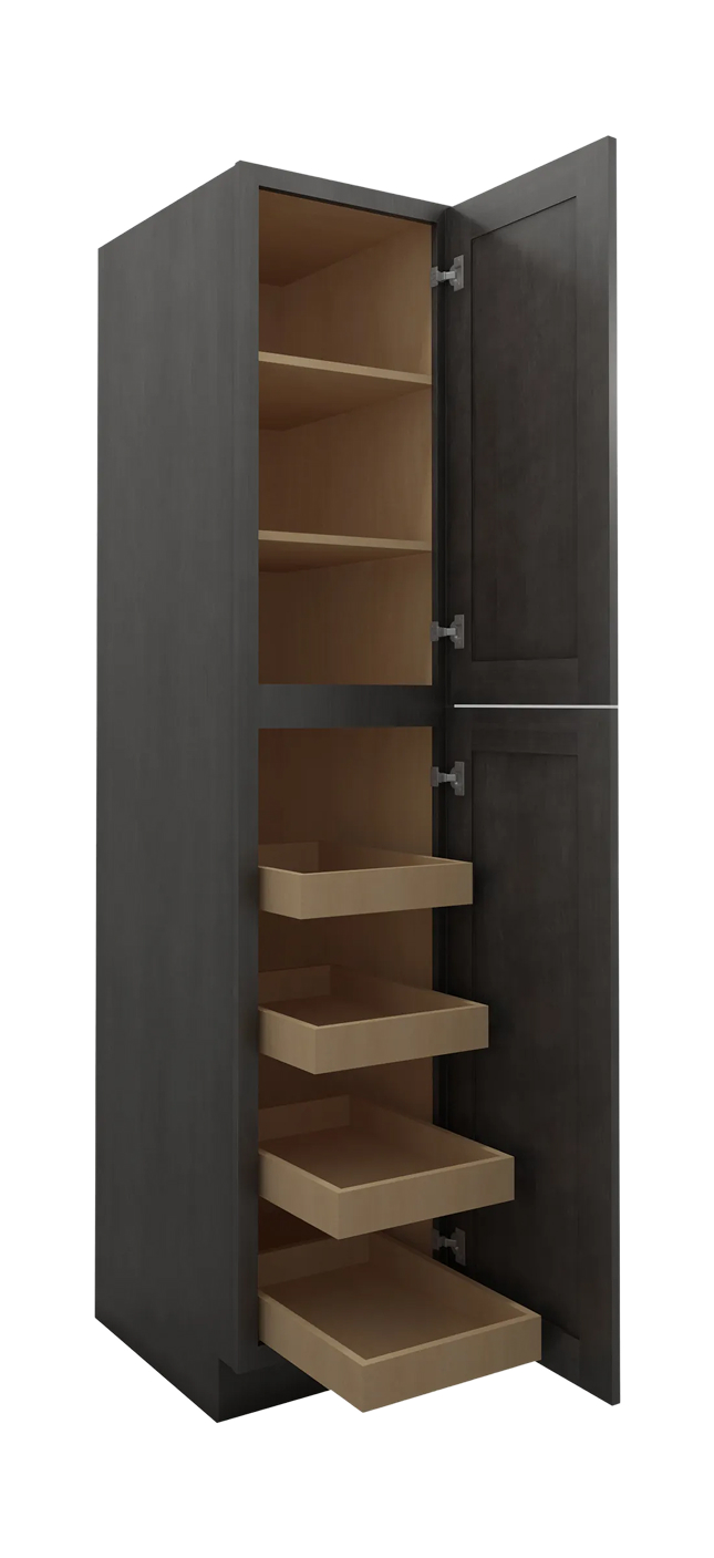 SCN-U1884244RS: Shaker Cinder Tall Cabinets – 18″ Two Door Utility, Four Rollout Shelf Cabinet 84″ H