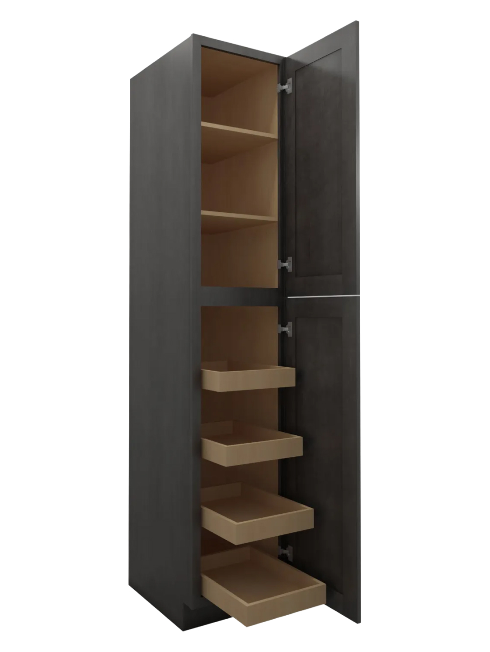 SCN-U1890244RS: Shaker Cinder 18″ Two Door Utility, Four Rollout Shelf Cabinet 90″ H