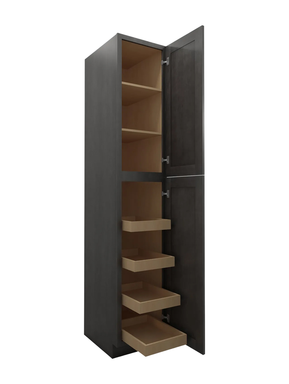 SCN-U1896244RS: Shaker Cinder 18″ Two Door Utility, Four Rollout Shelf Cabinet 96″ H