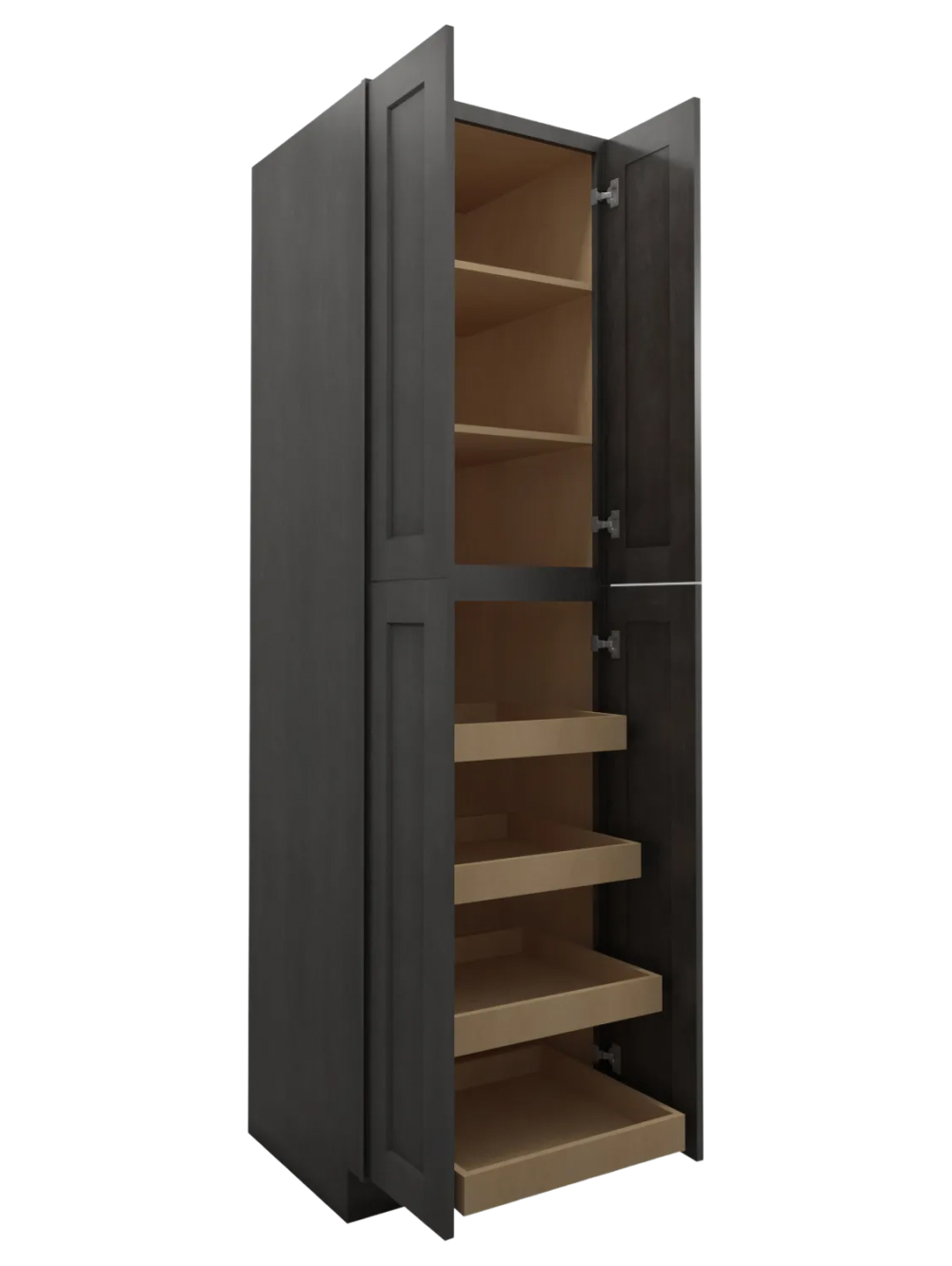 SCN-U2490244RS: Shaker Cinder 24″ Four Door Utility, Four Rollout Shelf Cabinet 90″ H