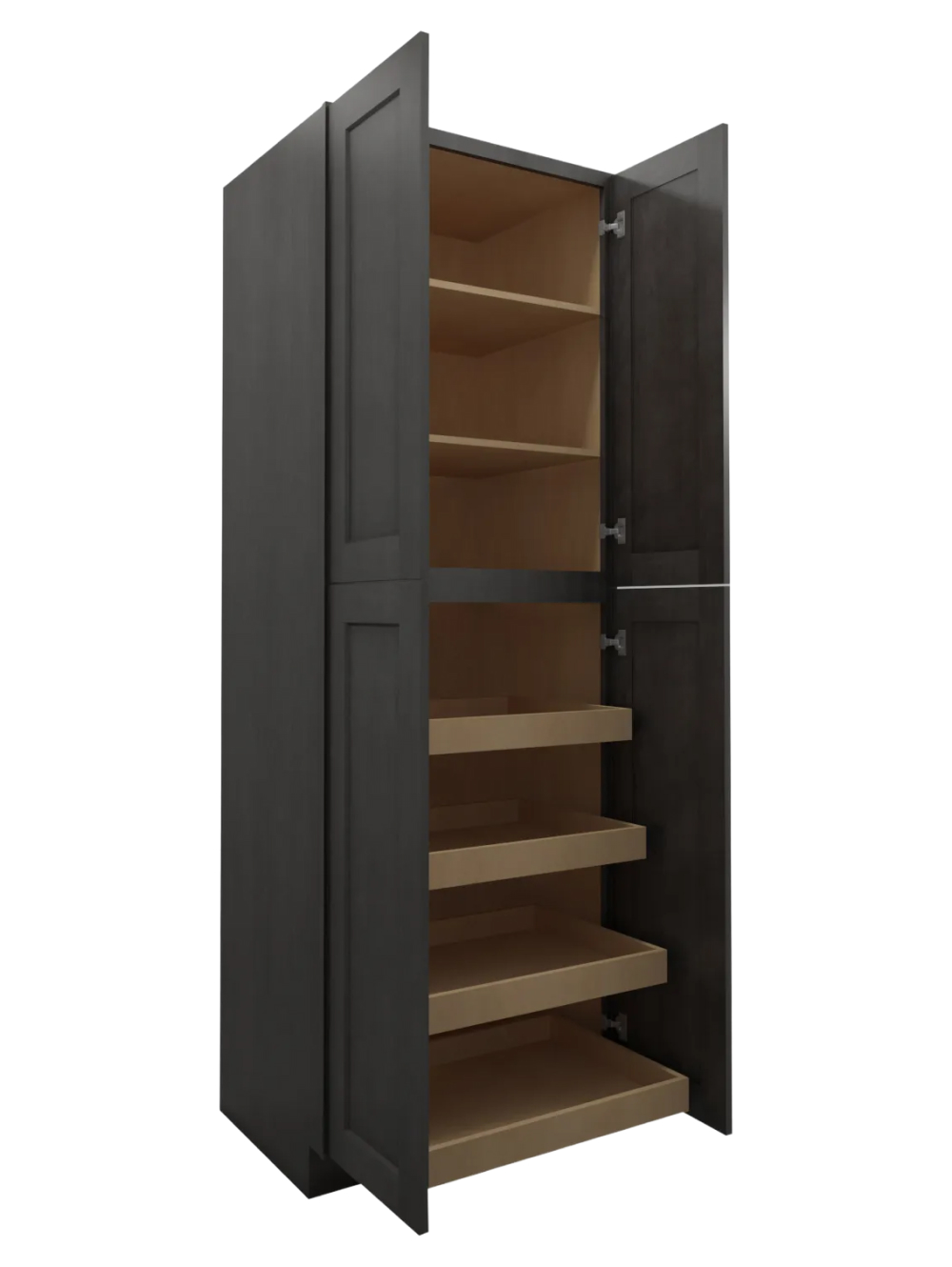 SCN-U3090244RS: Shaker Cinder 30″ Four Door Utility, Four Rollout Shelf Cabinet 90″ H