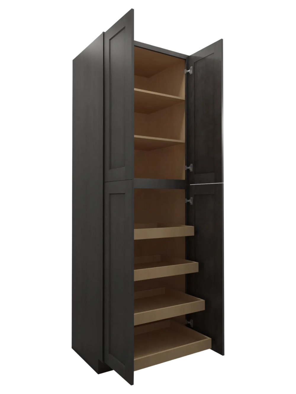 SCN-U3096244RS: Shaker Cinder 30″ Four Door Utility, Four Rollout Shelf Cabinet 96″ H